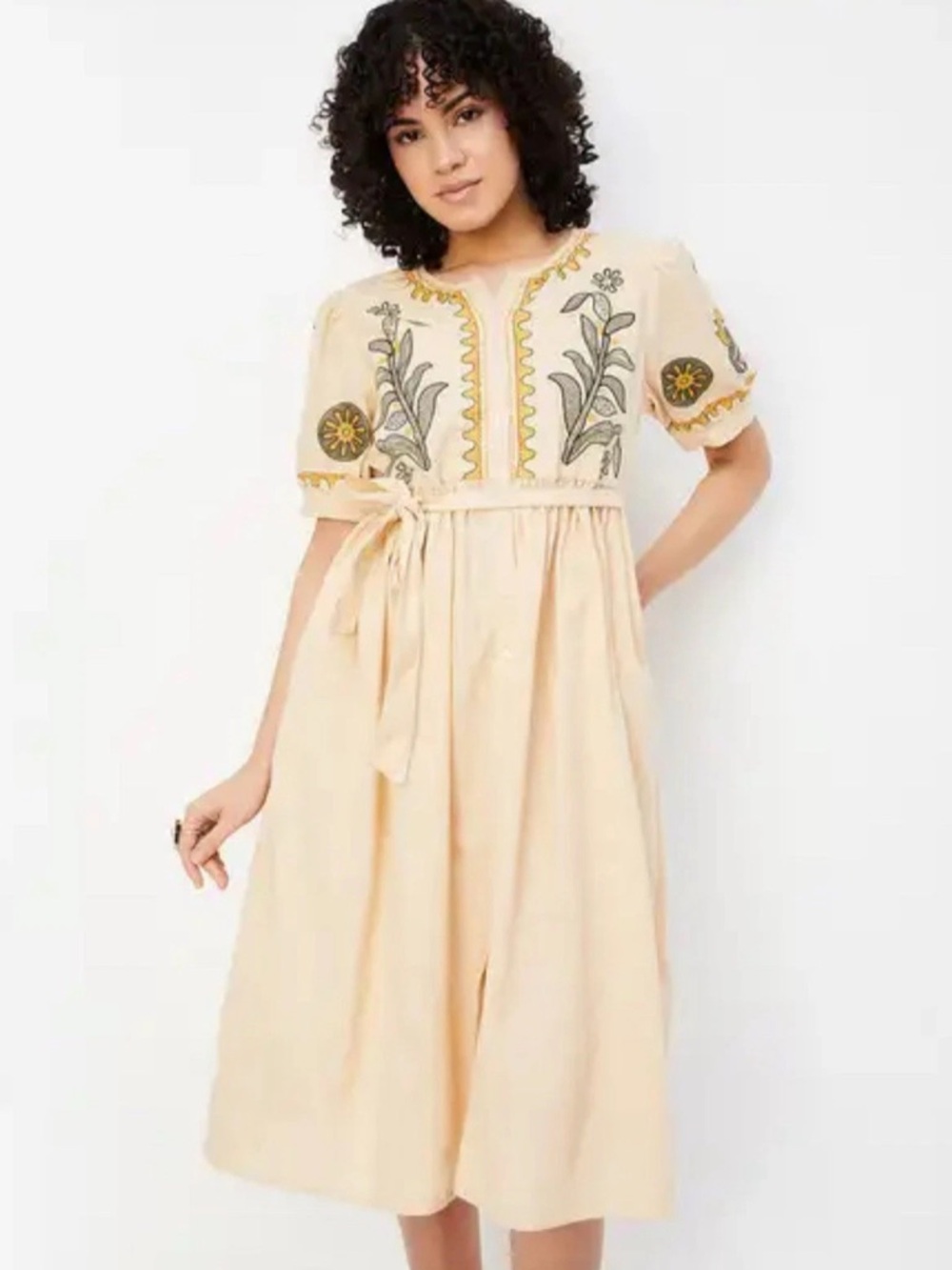 Max Embroidered Floral Button Front Midi Shift Dress Belted Pockets S